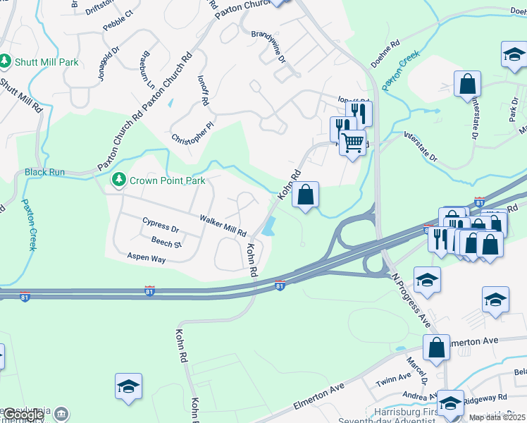 map of restaurants, bars, coffee shops, grocery stores, and more near 313 Fawn Ridge North in Harrisburg