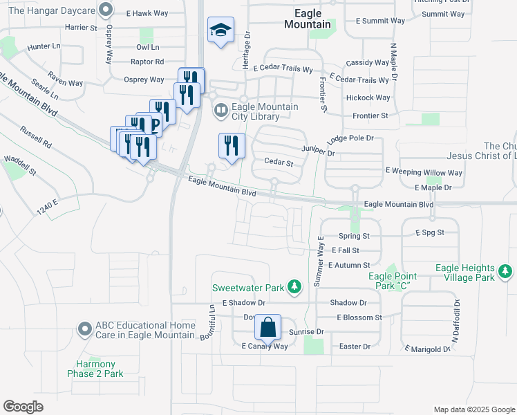 map of restaurants, bars, coffee shops, grocery stores, and more near 1754 East Skyline Drive in Eagle Mountain
