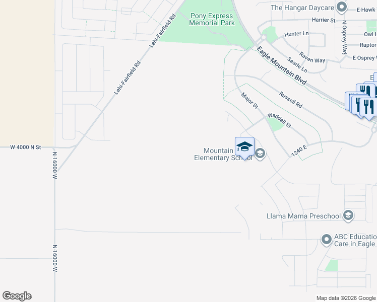 map of restaurants, bars, coffee shops, grocery stores, and more near 595 East Waddell Street in Eagle Mountain