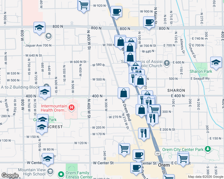 map of restaurants, bars, coffee shops, grocery stores, and more near 258 400 North in Orem