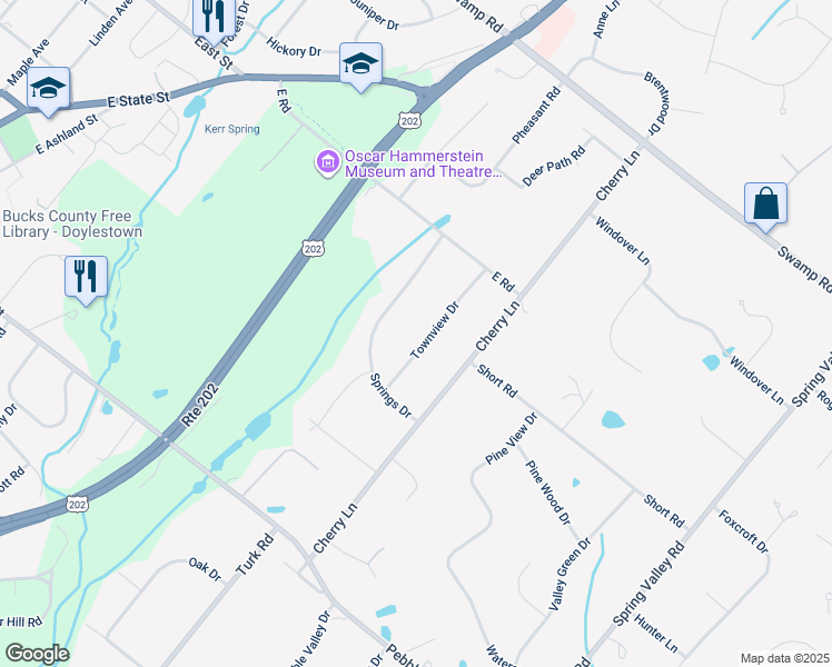 map of restaurants, bars, coffee shops, grocery stores, and more near 46 Townview Drive in Doylestown