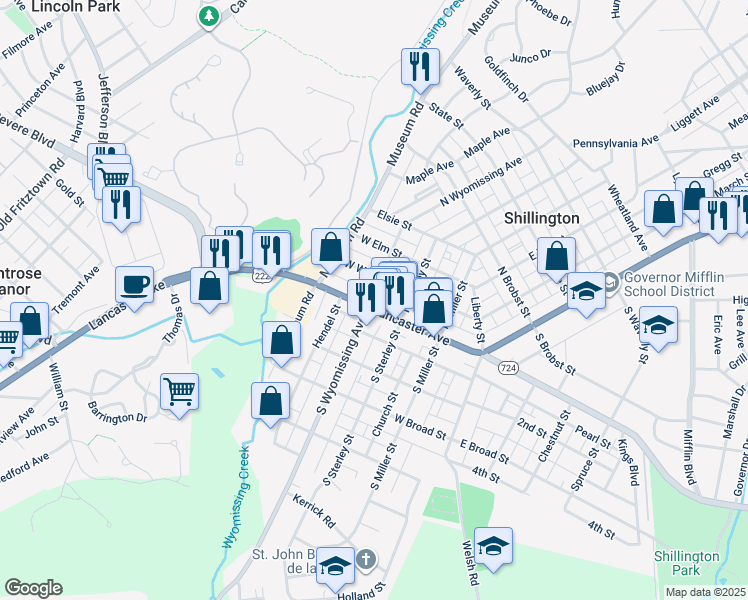 map of restaurants, bars, coffee shops, grocery stores, and more near 201 West Lancaster Avenue in Shillington
