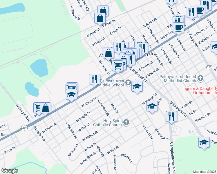 map of restaurants, bars, coffee shops, grocery stores, and more near 239 West Cherry Street in Palmyra