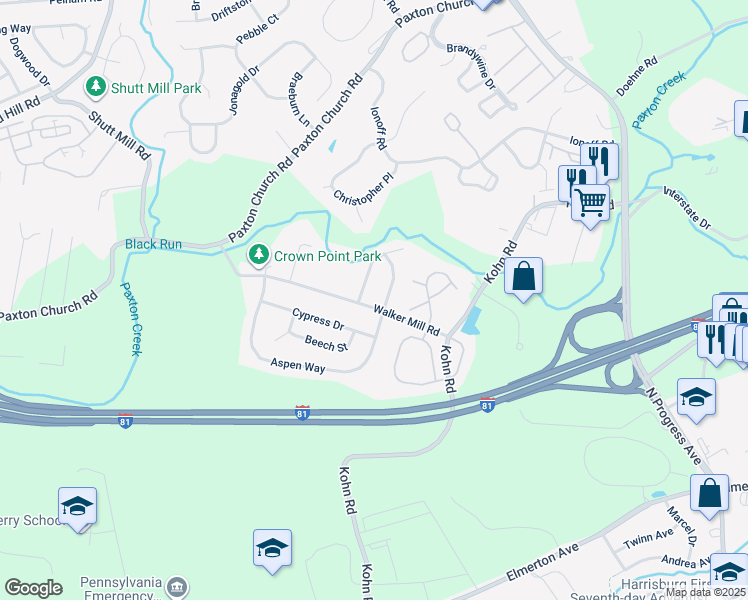 map of restaurants, bars, coffee shops, grocery stores, and more near 2341 Walker Mill Road in Harrisburg