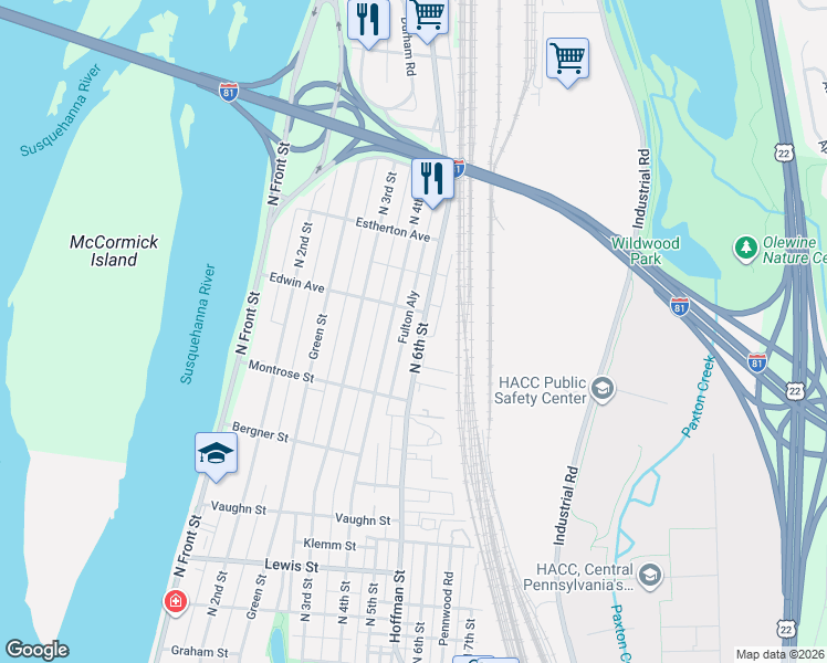 map of restaurants, bars, coffee shops, grocery stores, and more near 3520 North 6th Street in Harrisburg