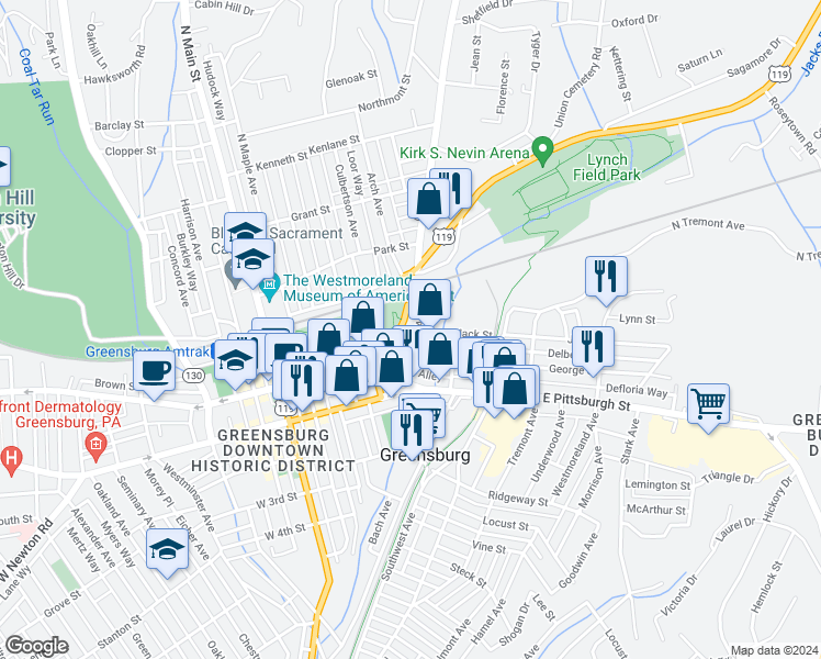 map of restaurants, bars, coffee shops, grocery stores, and more near 115 Wilson Avenue in Greensburg