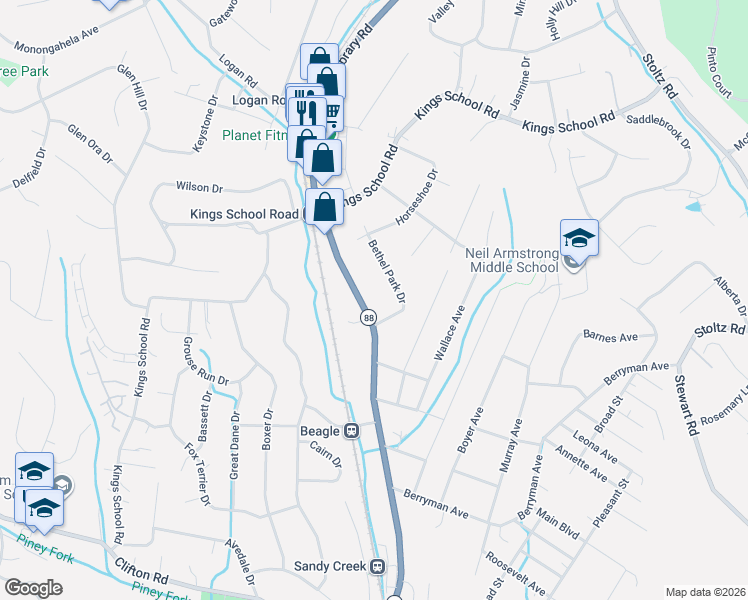 map of restaurants, bars, coffee shops, grocery stores, and more near 5969 Library Road in Bethel Park