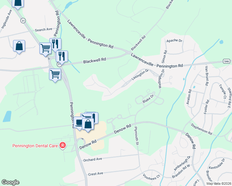 map of restaurants, bars, coffee shops, grocery stores, and more near 61 Lexington Drive in Pennington