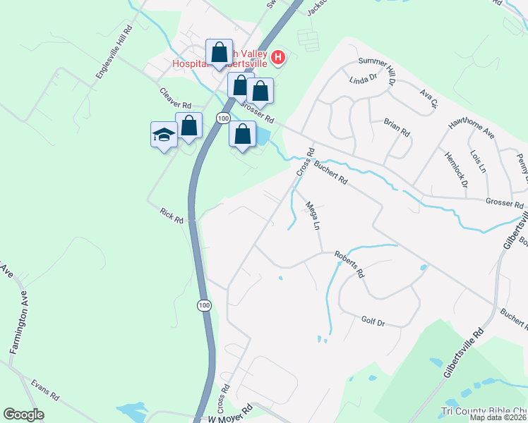 map of restaurants, bars, coffee shops, grocery stores, and more near 219 Cross Road in Gilbertsville