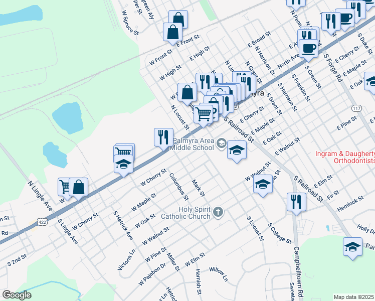 map of restaurants, bars, coffee shops, grocery stores, and more near 225 West Cherry Street in Palmyra