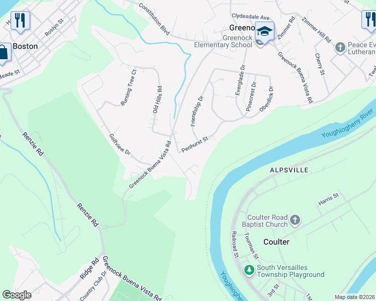 map of restaurants, bars, coffee shops, grocery stores, and more near 1228 Penhurst Street in McKeesport