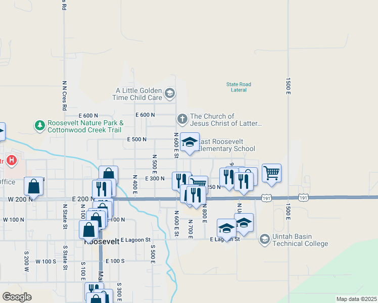 map of restaurants, bars, coffee shops, grocery stores, and more near 700 East 400 North in Roosevelt