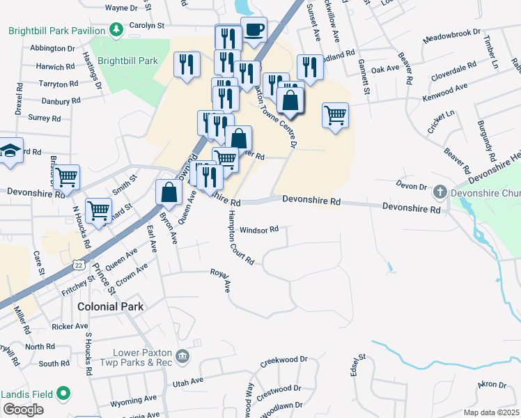 map of restaurants, bars, coffee shops, grocery stores, and more near 5329 Devonshire Road in Harrisburg