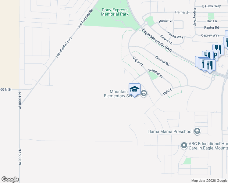 map of restaurants, bars, coffee shops, grocery stores, and more near 695 Waddell Street in Eagle Mountain