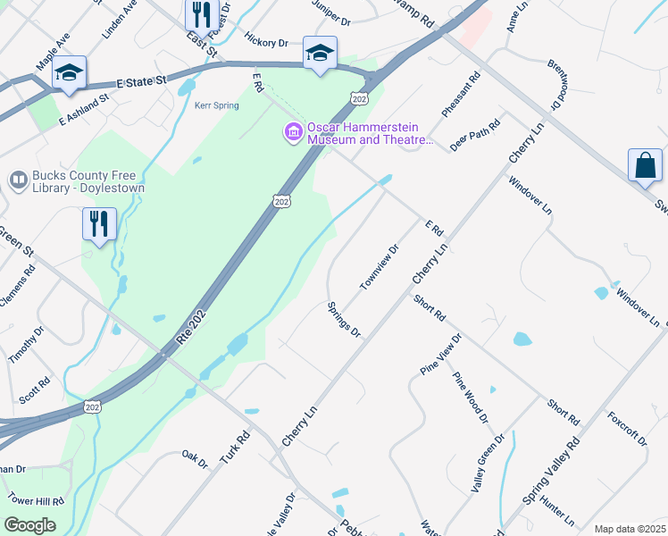 map of restaurants, bars, coffee shops, grocery stores, and more near 51 Springs Drive in Doylestown