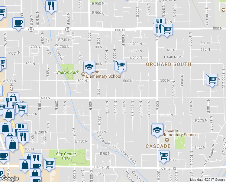 map of restaurants, bars, coffee shops, grocery stores, and more near 441 North 550 East in Orem