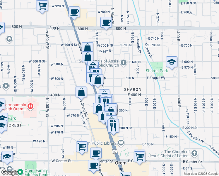 map of restaurants, bars, coffee shops, grocery stores, and more near 23 W 450 N in Orem