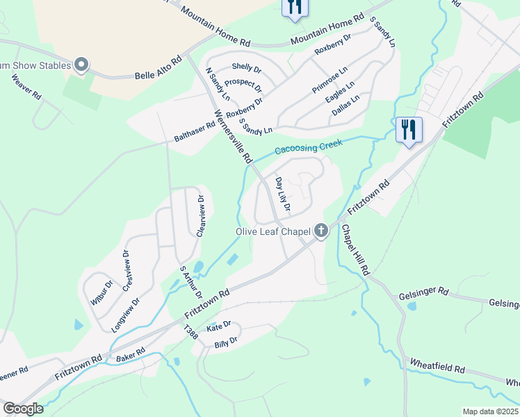 map of restaurants, bars, coffee shops, grocery stores, and more near 913 Cacoosing Drive in Sinking Spring