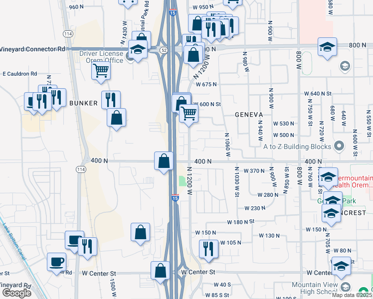 map of restaurants, bars, coffee shops, grocery stores, and more near 462 North 1235 West in Orem