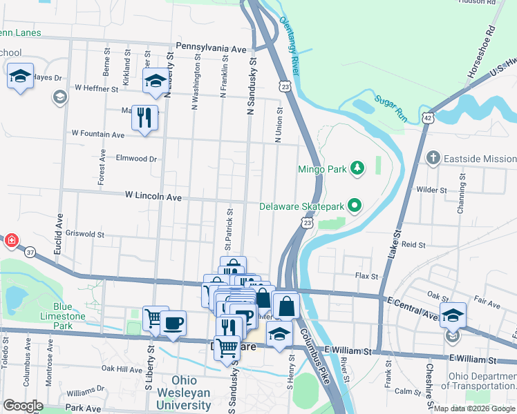 map of restaurants, bars, coffee shops, grocery stores, and more near 20 East Lincoln Avenue in Delaware