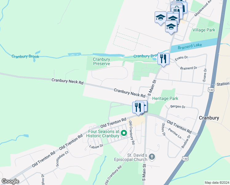 map of restaurants, bars, coffee shops, grocery stores, and more near 21 Cranbury Neck Road in Cranbury Township