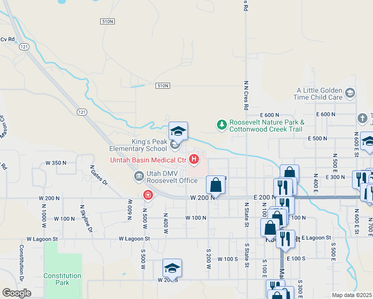 map of restaurants, bars, coffee shops, grocery stores, and more near 437 North 300 West in Roosevelt