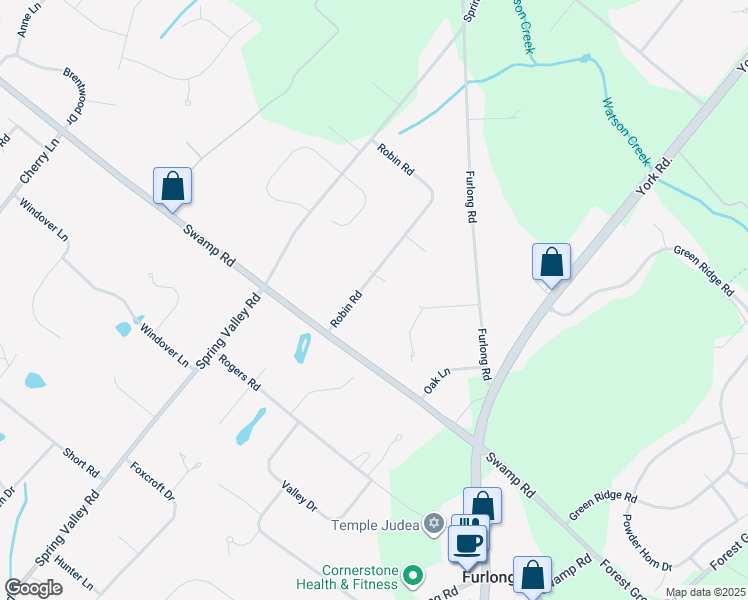 map of restaurants, bars, coffee shops, grocery stores, and more near 3667 Robin Road in Furlong