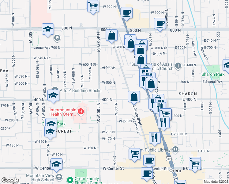 map of restaurants, bars, coffee shops, grocery stores, and more near 422 North 300 West in Orem