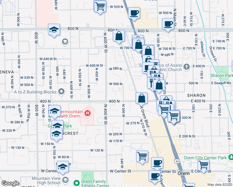 map of restaurants, bars, coffee shops, grocery stores, and more near 422 North 300 West in Orem
