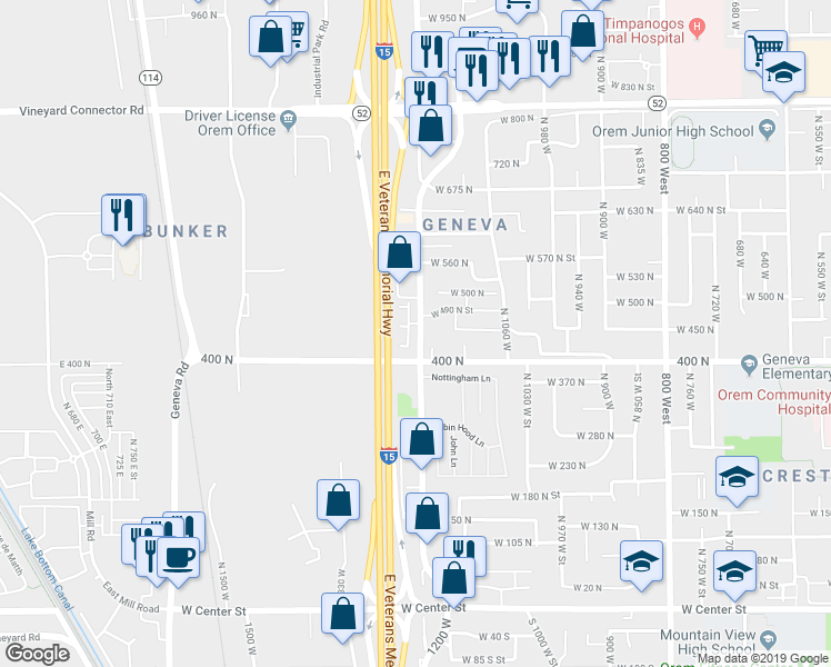 map of restaurants, bars, coffee shops, grocery stores, and more near 462 North 1235 West in Orem