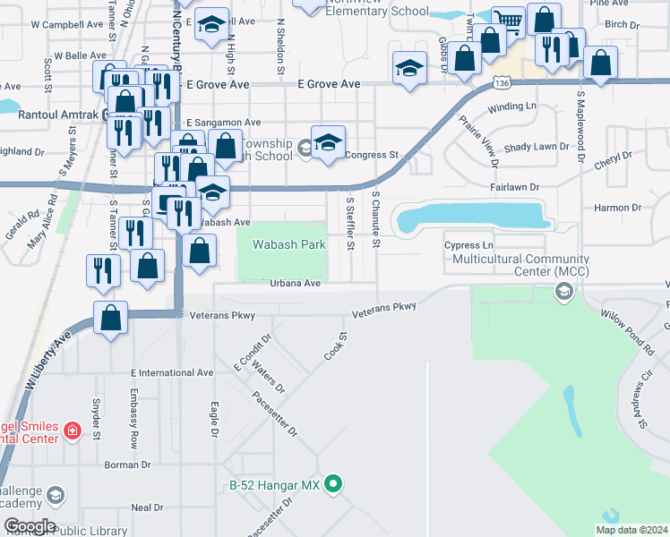 map of restaurants, bars, coffee shops, grocery stores, and more near 17 Urbana Avenue in Rantoul