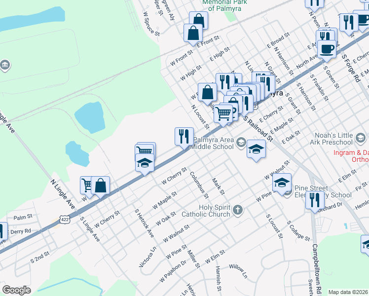 map of restaurants, bars, coffee shops, grocery stores, and more near 320 U.S. 422 in Palmyra