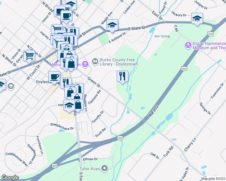map of restaurants, bars, coffee shops, grocery stores, and more near 1 Country Club Lane in Doylestown