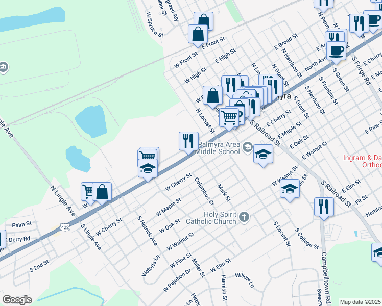 map of restaurants, bars, coffee shops, grocery stores, and more near 313 West Main Street in Palmyra