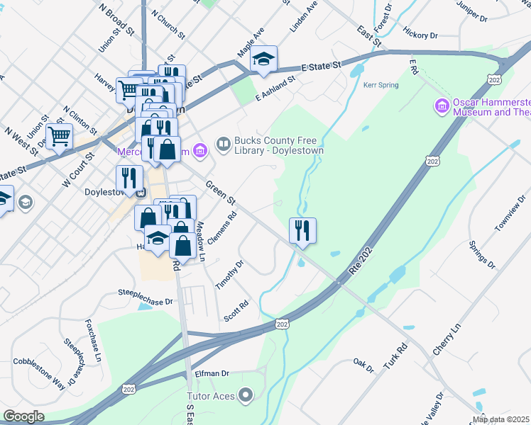 map of restaurants, bars, coffee shops, grocery stores, and more near 1 Country Club Lane in Doylestown
