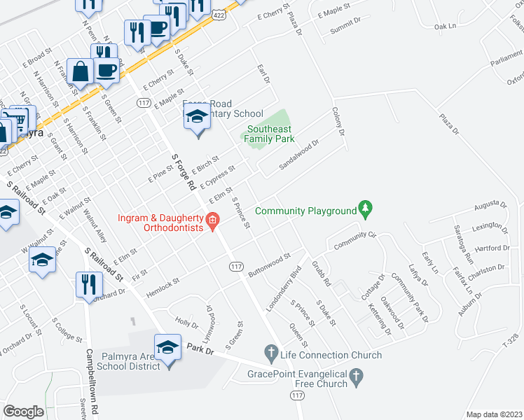 map of restaurants, bars, coffee shops, grocery stores, and more near 900 King Street in Palmyra