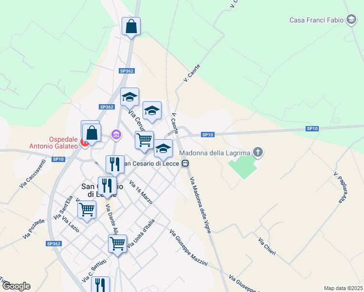 map of restaurants, bars, coffee shops, grocery stores, and more near 1 Via Madonna delle Vigne in San Cesario di Lecce