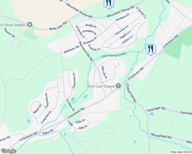 map of restaurants, bars, coffee shops, grocery stores, and more near 913 Cacoosing Drive in Sinking Spring