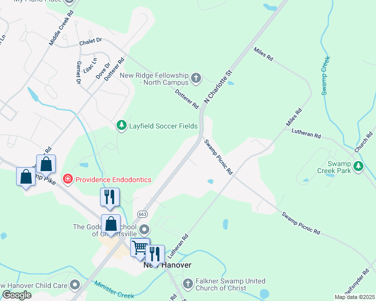 map of restaurants, bars, coffee shops, grocery stores, and more near 3005 North Charlotte Street in Gilbertsville