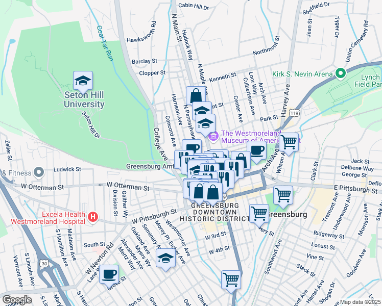 map of restaurants, bars, coffee shops, grocery stores, and more near 125 Harrison Avenue in Greensburg