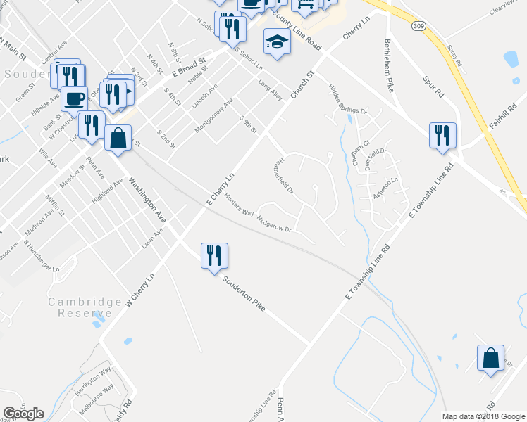 map of restaurants, bars, coffee shops, grocery stores, and more near 101 Fox Hunt Drive in Souderton