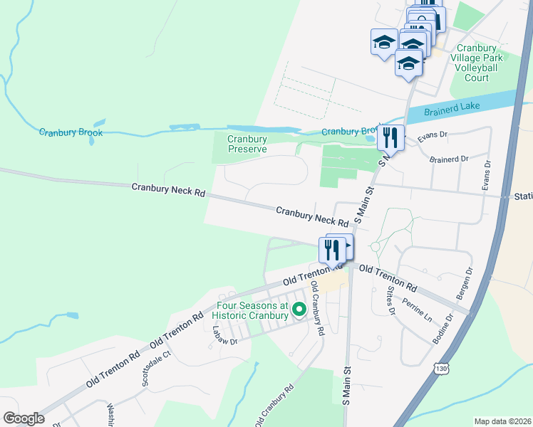 map of restaurants, bars, coffee shops, grocery stores, and more near 21 Cranbury Neck Road in Cranbury