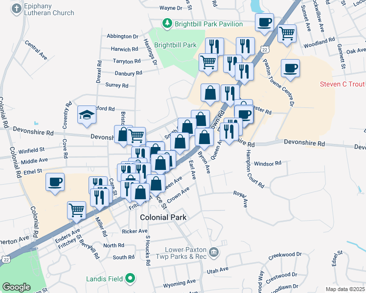 map of restaurants, bars, coffee shops, grocery stores, and more near 4903 Orchard Street in Harrisburg