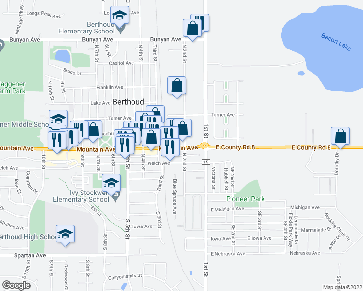 map of restaurants, bars, coffee shops, grocery stores, and more near 224 Mountain Avenue in Berthoud