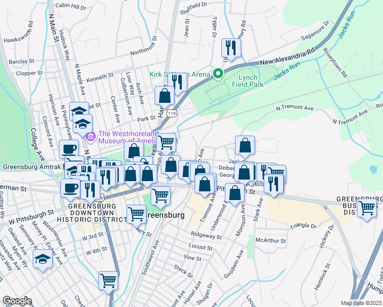map of restaurants, bars, coffee shops, grocery stores, and more near 43 William Avenue in Greensburg