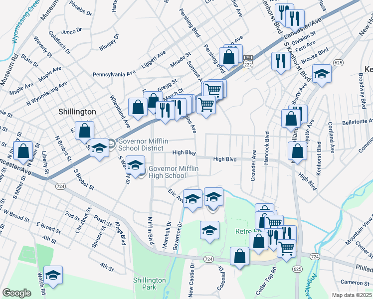 map of restaurants, bars, coffee shops, grocery stores, and more near 123 High Boulevard in Shillington