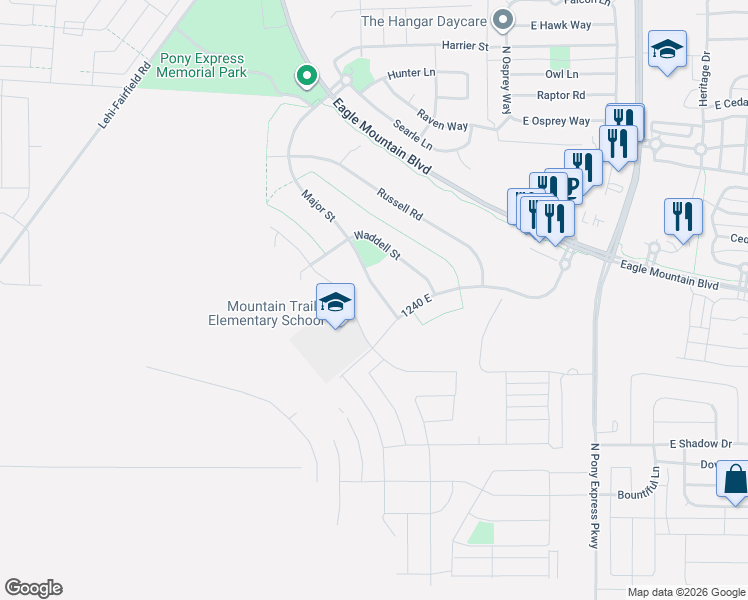 map of restaurants, bars, coffee shops, grocery stores, and more near 1092 Ira Hodges Scenic Parkway in Eagle Mountain