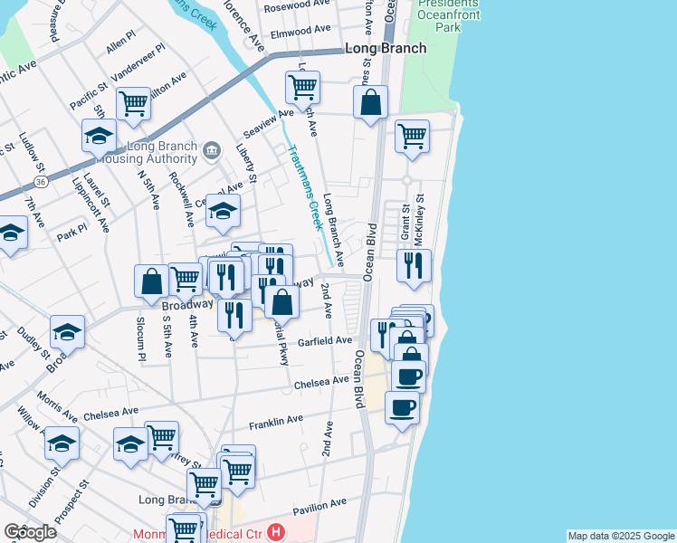 map of restaurants, bars, coffee shops, grocery stores, and more near 104 Broadway in Long Branch