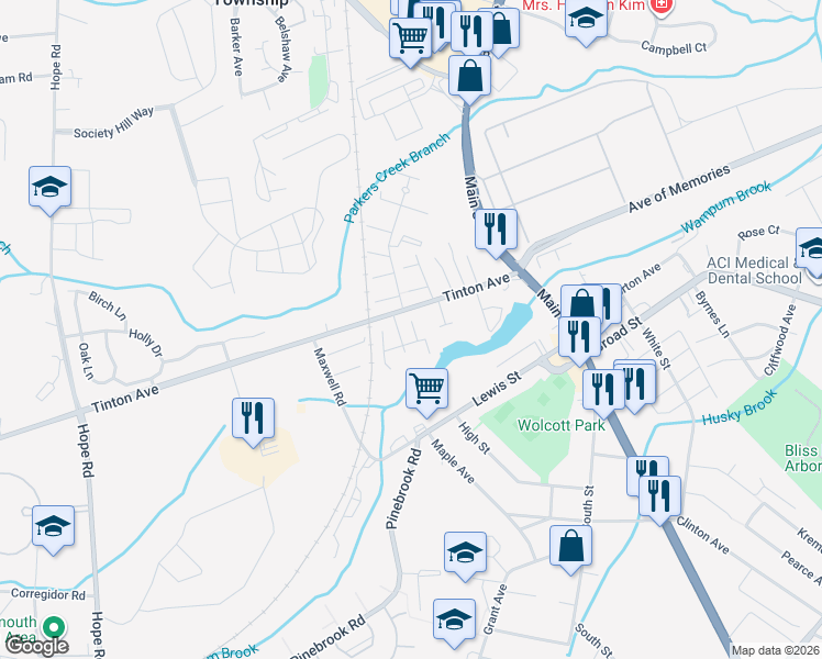 map of restaurants, bars, coffee shops, grocery stores, and more near 13 Lakeview Terrace in Eatontown