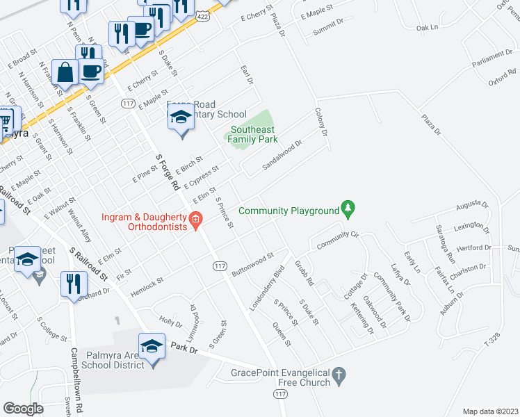 map of restaurants, bars, coffee shops, grocery stores, and more near 907 Grubb Road in Palmyra